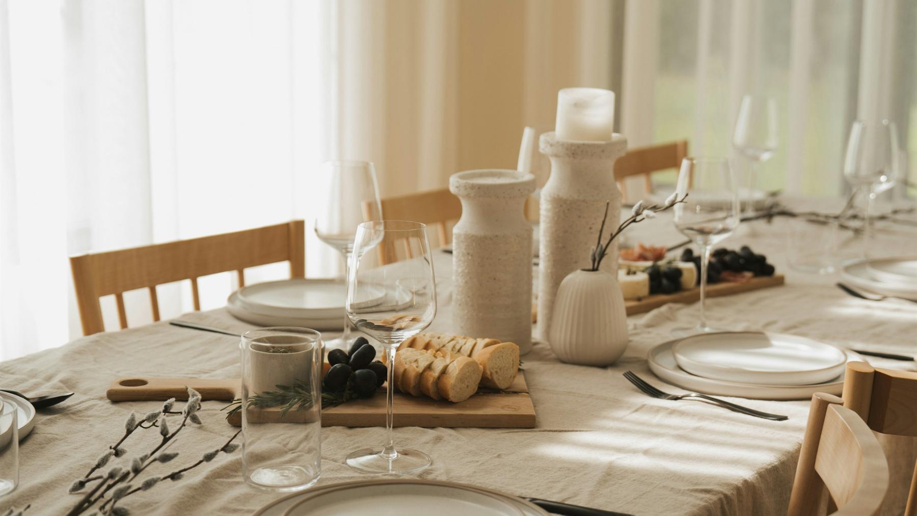 A long dining table dressed in linen with ceramic plates, wine glasses, bread and candles, in soft window light