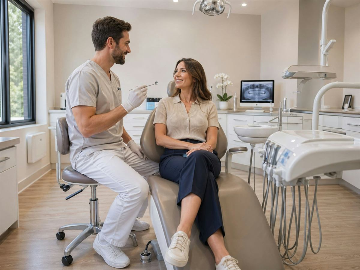 A dentist chatting with a smiling patient in a bright treatment room with a large window