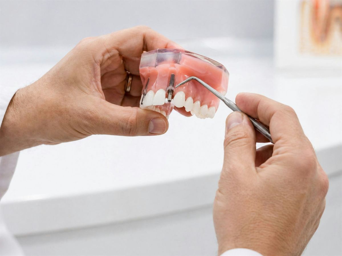 Hands holding a model of teeth and an implant, explaining a treatment