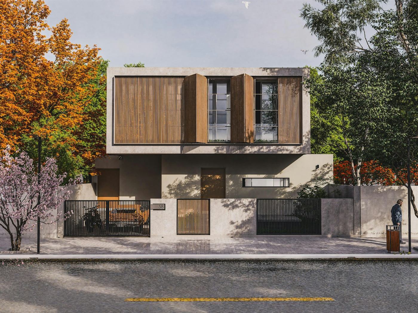 A contemporary home with timber screens and a concrete facade behind a garden wall
